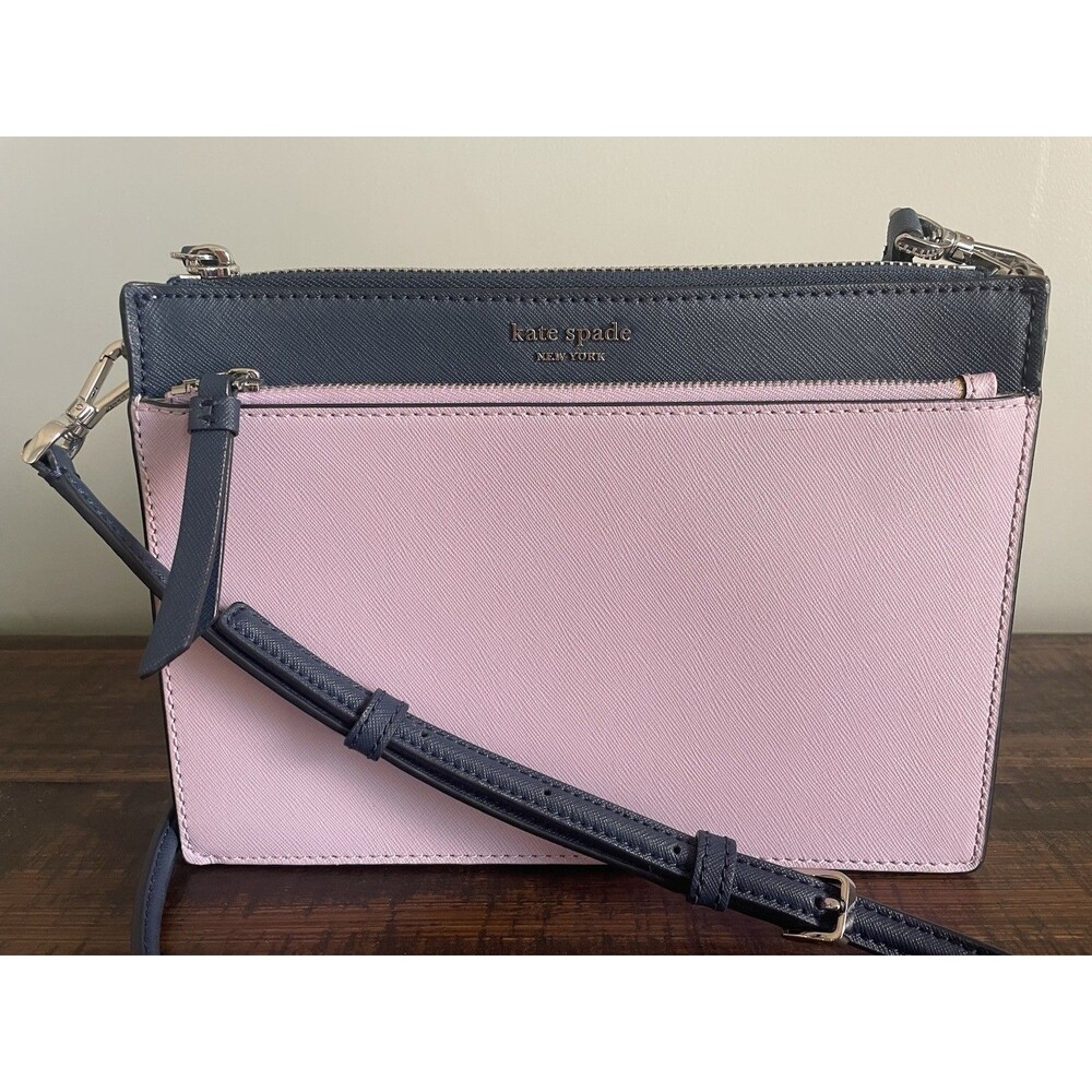 Kate Spade Saffiano Leather Crossbody Bag Pink & Navy Two-Tone Triple Zip Purse
